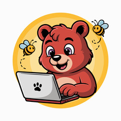 A cute cartoon bear happily types on a laptop with bees buzzing around, showcasing a whimsical scenario that combines technology and nature in an engaging manner.
