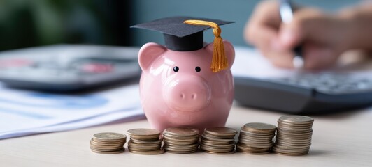 The piggy bank wearing a graduation cap beside stacked coins and a calculator