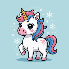 This whimsical unicorn graphic, surrounded by snowflakes, captures the enchanting essence of fantasy creatures, appealing to both children and adults who love magic.
