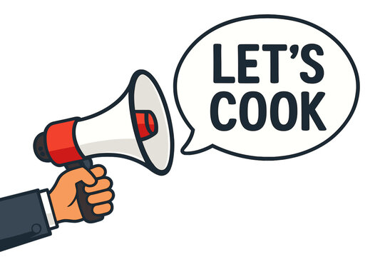 Male hand holding megaphone with Let's Cook speech bubble. Loudspeaker for cooking announcement. Banner for food blog, restaurant, culinary class. Vector illustration on white