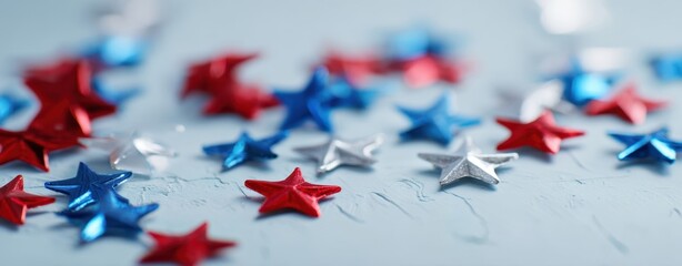 The Metallic Star Confetti Scatter On Pale Blue Surface For Celebration