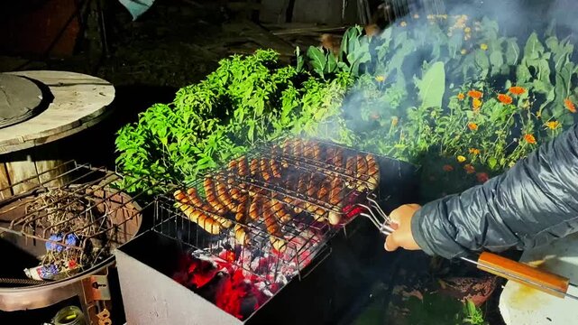 Experience the art of grilling skewered delights over glowing charcoal, surrounded by fresh herbs. This scene embodies the essence of outdoor cooking and sharing enjoyment with loved ones