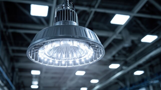 Modern industrial led light fixture hanging in warehouse setting