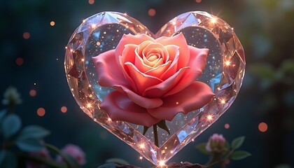Sparkling Rose Heart: A Glowing Gemstone Frame Encasing a Delicate Bloom