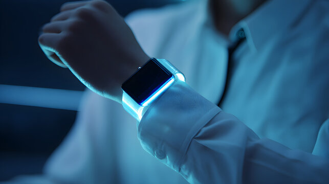 Person wearing glowing smartwatch showing futuristic technology concept - Powered by Adobe