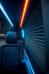 Comfortable interior of a passenger bus with soft seats
