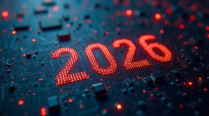 2026 tech age celebration. Happy new year. Era of technology. Digital innovation. Circuit board. Happy 2026 futuristic texture. Circuit board background. Modern hardware. Technology concept image