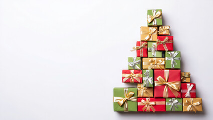 A Christmas tree created from stacked gift boxes of different sizes wrapped in festive paper, positioned neatly to the right side of a clean white background