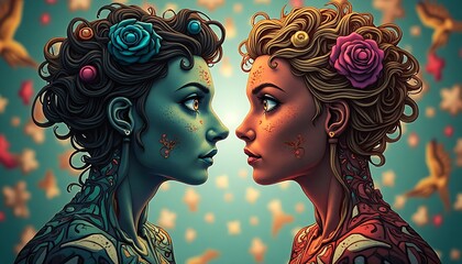 Teal and Amber Women Face to Face with Intricate Tattoos and Floral Hair Adornments