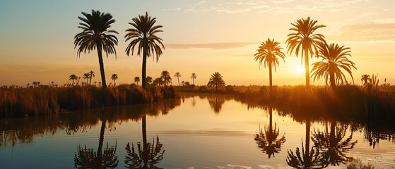 Tranquil oasis at sunset, reflecting palm trees in serene water body