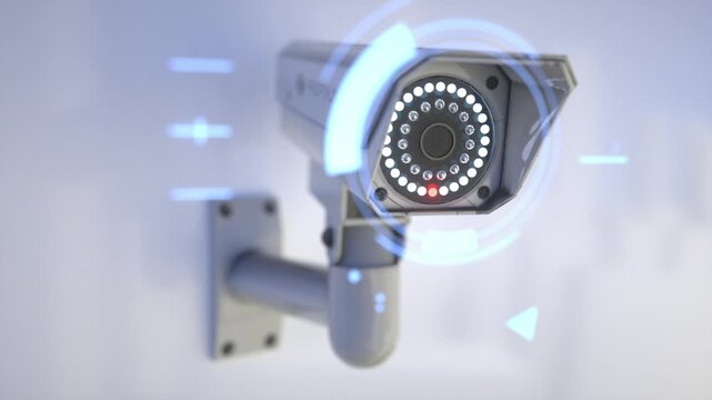 Futuristic Security Camera with Digital Interface Advanced Surveillance Technology and Monitoring on Wall with Glowing Graphics, Emphasizing Modern Security Solutions and Capabilities