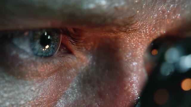 Intense Close-Up of a Sweaty Man's Face with Piercing Blue Eye, Showing Focus, Determination, and Physical Exertion