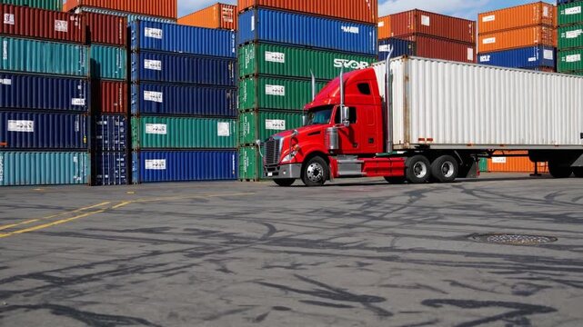 Truck navigates container yard with colorful shipping containers in daylight