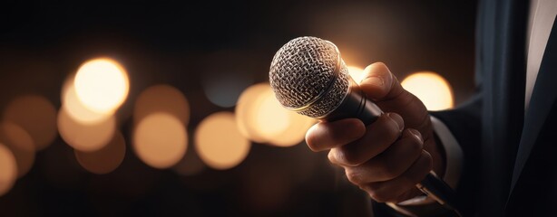 The Microphone Held by Presenter on Stage with Bokeh Lights Background