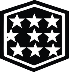 Hexagonal emblem featuring nine white stars arranged in a grid on a black background with white border elements and a dark outer frame