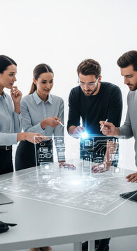 Team collaborating on futuristic holographic blueprint