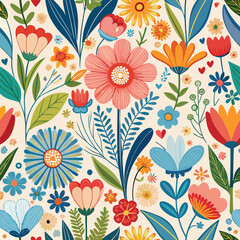 Whimsical Floral Meadow A Colorful and Joyful Display of Flowers and Foliage on a Light Background