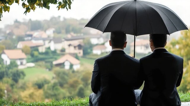 Two friends enjoying the rain together under their shared umbrella
