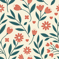 Whimsical Floral Pattern with Earthy Tones and Playful Hearts A Delightful Design