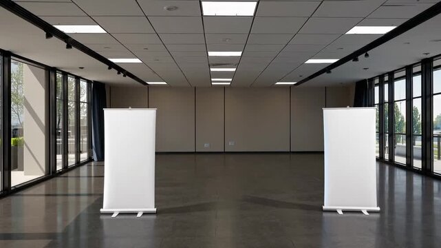 Spacious conference room with minimalistic design and natural light in urban setting