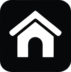Simple white house icon with arched doorway and gable roof represents home or residence symbol on black square