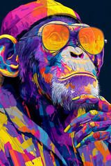 Colorful abstract portrait of a thoughtful monkey wearing sunglasses and a headband, vibrant background