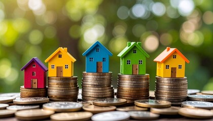 a Real Estate Investment Concept with Colorful Houses on Stacked Coins