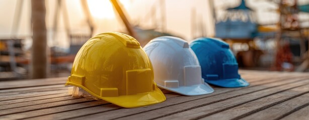 The Hard Hats Lined Up on a Wooden Deck at a Marina Construction Site
