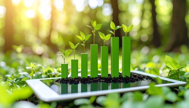 a Green Bar Graph with Fresh Sprouts on Digital Tablet Surrounded by Nature