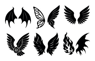 Various black silhouette wing designs: bat, butterfly, bird, flame