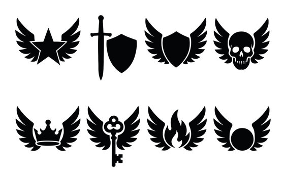 Dark themed winged emblems with swords, shields, skulls, and crowns