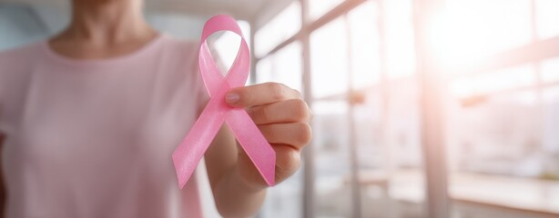 The Pink Ribbon Held by a Woman for Breast Cancer Awareness in Office