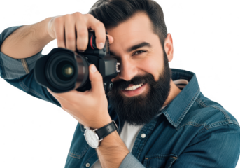 Bearded man photographer holding dslr camera capturing a moment with a smile transparent background