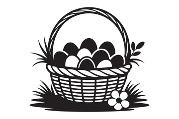 Easter basket with eggs simple icons. Vector Black silhouettes. with white background