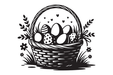 Easter basket with eggs simple icons. Vector Black silhouettes. with white background