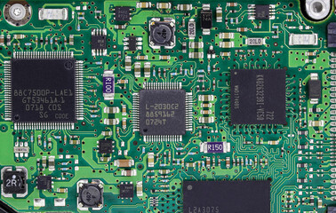 Microprocessor on Computer printed circuit board with electronic components after used.
