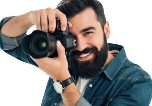 Bearded man photographer holding dslr camera capturing a moment with a smile transparent background