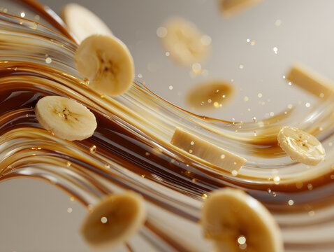 Close-up of banana toffee in lower third of frame with banana slices flying around in PANTONE 714C color scheme, ultra-realistic 3D rendering with super clean dripping effect for sweet dessert