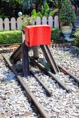 Dead End Buffer stop, bumper, bumping post, bumper block, Train stopper, Train bumper or stopblock at a railroad track.  Installed  for prevent train moving without controlling.  With selective focus.