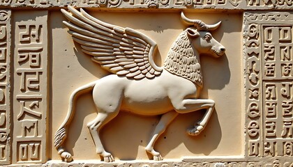 Winged Bull Relief Sculpture with Ancient Script
