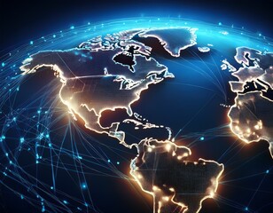 illuminated digital representation of north and south america highlighting intricate networks of glowing lines symbolizing global data flow and technological connectivity