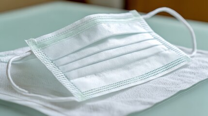 Close up of a medical mask on a soft surface with subtle focus and soft lighting