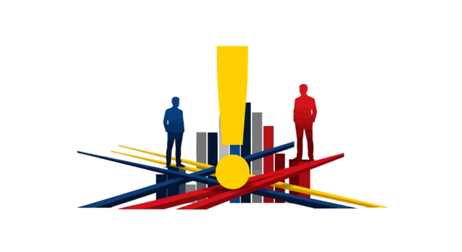 Illustration of two people standing near an exclamation point and various bars.