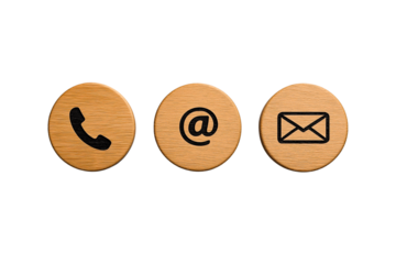 Wooden round icons of phone, email, and at symbol isolated on white – contact communication concept