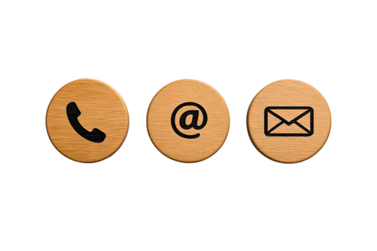 Wooden round icons of phone, email, and at symbol isolated on white – contact communication concept