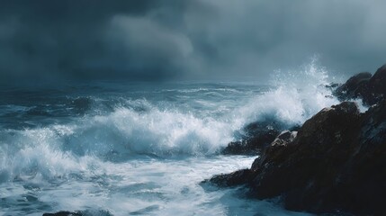 Obraz premium Dramatic ocean waves crash against dark rocky cliffs under a stormy clouded sky