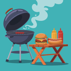 A vibrant illustration of a barbecue grill with delicious food like burgers and hot dogs, symbolizing summer gatherings and the joy of sharing meals with friends.