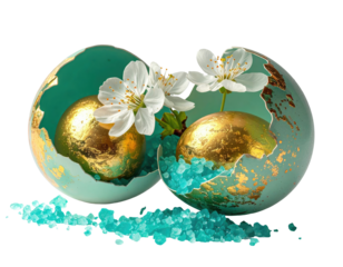 Two cracked teal eggs, gold-painted inside, with white blossoms and teal crystals
