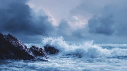 Dramatic waves crash against dark rocky cliffs under a stormy moody sky