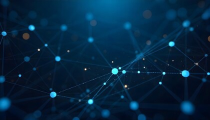 Abstract network of interconnected blue dots and lines, creating a sense of connectivity and data flow, against a dark blue background